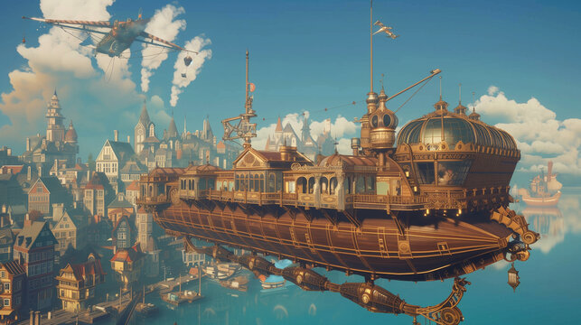 A steampunk-inspired airship floating above a Victorian-era city with intricate details.