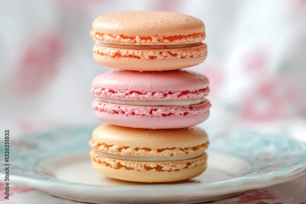 Aufkleber Three colorful macarons stacked on a delicate plate with soft floral patterns and a light background