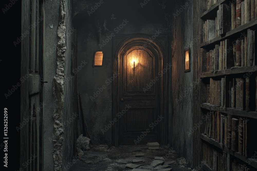 Poster Mysterious hallway with an illuminated door and rustic bookshelves in an abandoned building