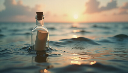 Message in a Bottle Floating on Ocean Waves at Sunset