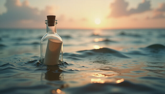 Message in a Bottle Floating on Ocean Waves at Sunset