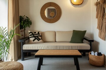 Modern minimalist living room with beige sofa, wooden coffee table, and natural decor.