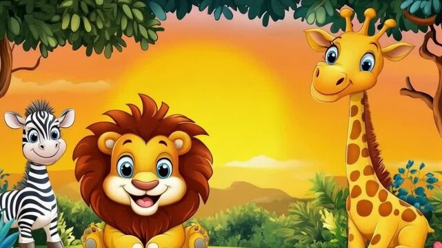 Cartoon background featuring a cute lion, zebra, and giraffe in a vibrant jungle