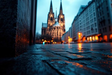 Naklejka premium Wet cobblestone street leading to a glowing gothic cathedral at dusk, with atmospheric streetlights reflecting on the pavement
