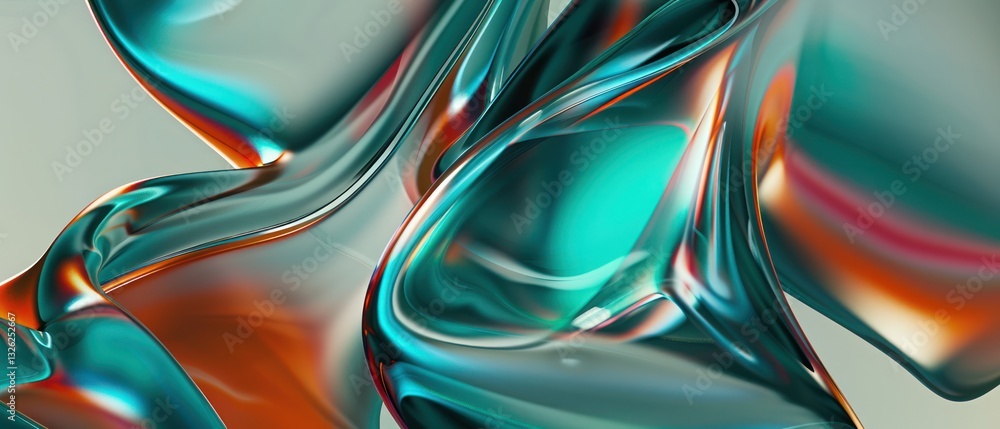 Poster close up material abstract soft green orange metallic glossy glow curve spiral wave flow light refle