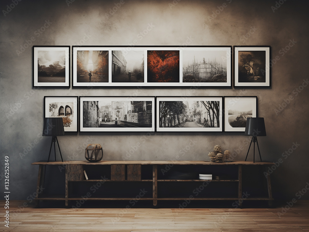 Poster art wall with frames strategically hung and lighting positioned to create focused interest
