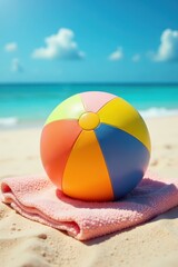 Obraz premium Rainbow beach ball rests on plush towels, sunny beach scene , towels, vacation, sun