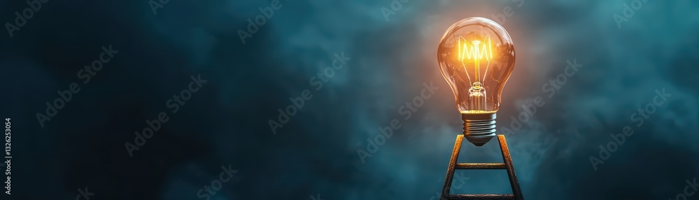 Poster conceptual image of illuminated light bulb on broken ladder symbolizing creativity and struggle