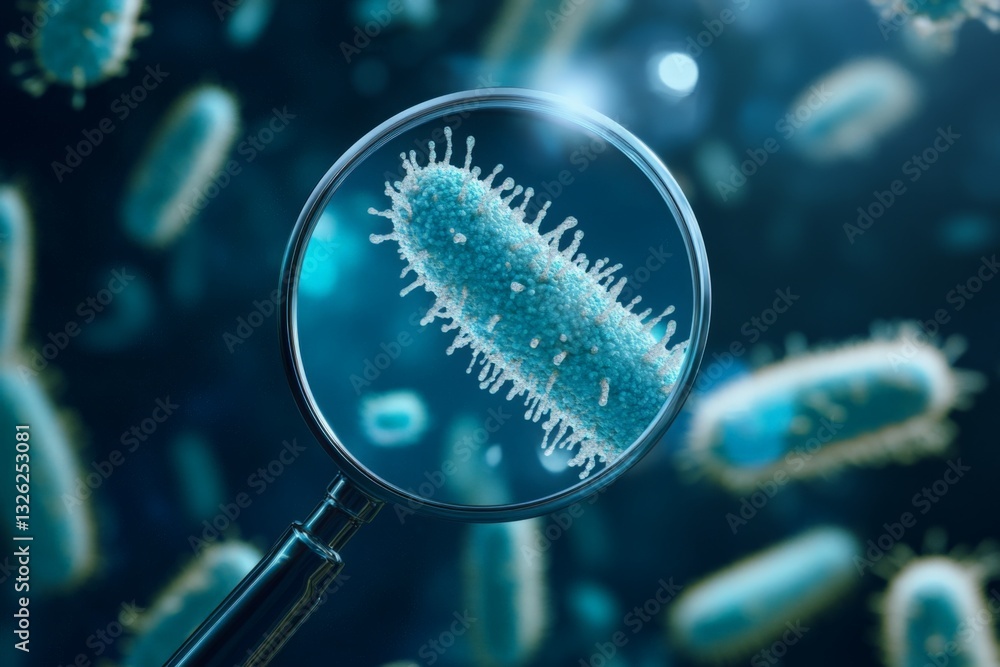 Poster Microscopic view of bacteria magnified, showcasing intricate details and structures in a dark background