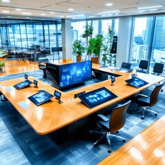 Naklejka premium Modern Office Space with Advanced Technology and Large Windows