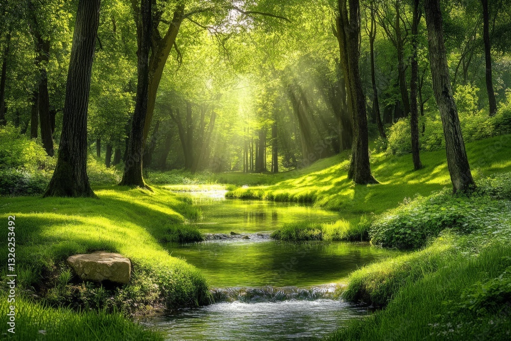 Poster lush green forest with sunlight filtering through trees near a tranquil stream