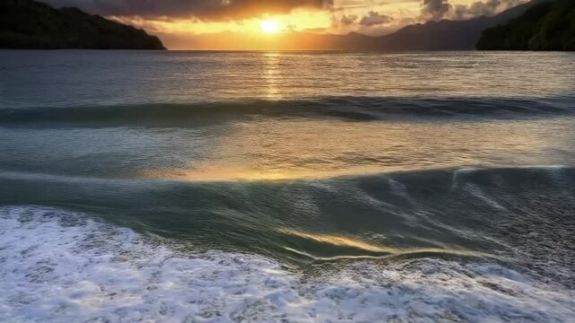 Serene seascape at sunset with gentle waves lapping the shore