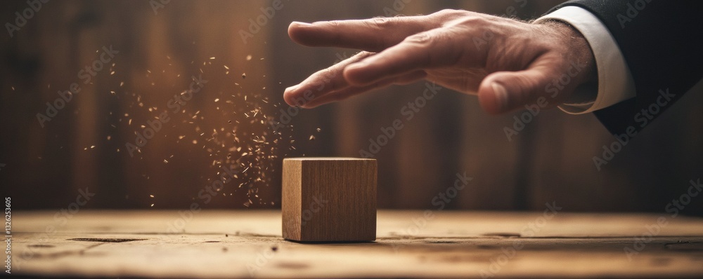 Poster a hand is positioned above a wooden cube causing particles to move