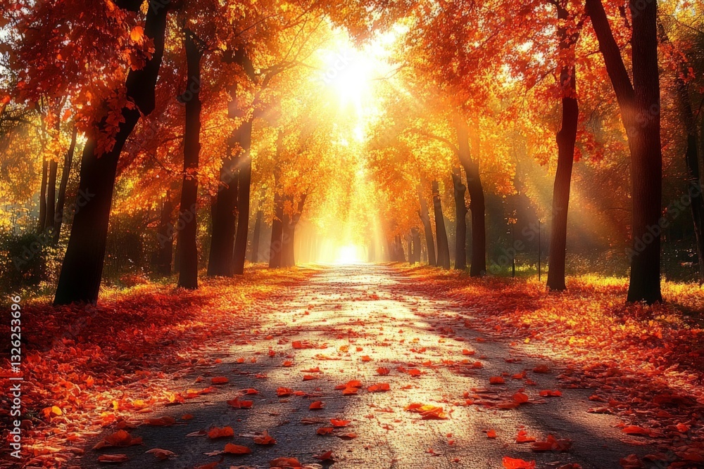 Poster Vibrant autumn path illuminated by sunlight filtering through trees in a serene park setting