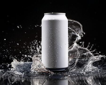 280 ml soda can made of white aluminum with splashing drops