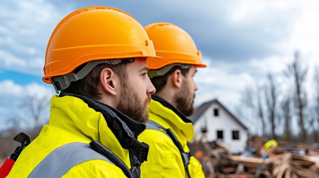 Committed construction worker in action as part of a disaster response team providing essential aid and relief