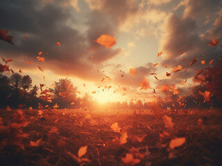 Fototapeta premium Autumn clouds gathering with swirling leaves and intensifying colors as sunset glows