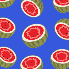 Vector cute summer pattern with watermelon on a bright blue background. Summer cartoon fruits