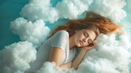 Young woman peacefully sleeping amidst fluffy white clouds.
