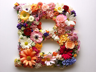 a large, stylized letter B made entirely out of colorful flowers. The flowers are arranged to form the shape of the letter, with a variety of colors and types creating a vibrant 