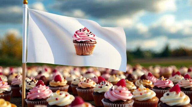 Cupcake Nation: A whimsical scene unfolds in a vibrant field, where a flag emblazoned with a delectable cupcake waves proudly above a sea of delicious cupcakes.