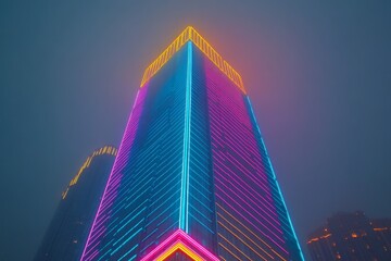 Colorful neon-lit skyscraper rises amidst fog on a city night creating an atmospheric urban landscape