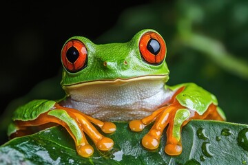 Naklejka premium Exotic Wildlife: Red-Eyed Tree Frog in Its Natural Habitat / Closeup Image Of red eyed tree frog