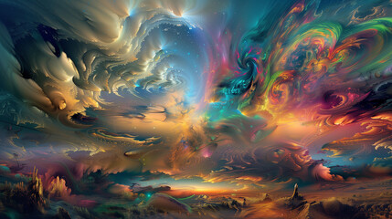 Fototapeta premium A fantastical landscape painting where the sky is filled with swirling colors.