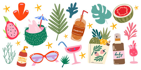 Cartoon beach tropical stickers. Big collection of summer beach elements, luggage and travel accessories. Summer vacation and holidays. Vector modern illustration