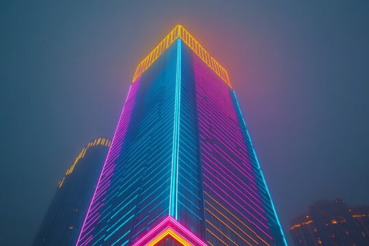 Colorful neon-lit skyscraper rises amidst fog on a city night creating an atmospheric urban landscape