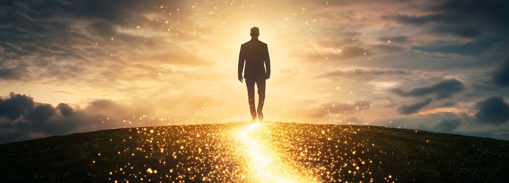 Journey of Enlightenment: A lone figure walks towards a radiant, luminous horizon. A symbol of hope, transformation, and spiritual awakening. The path ahead is illuminated.