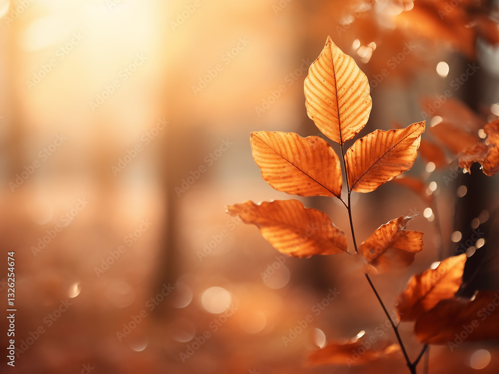 Poster sunlit forest with autumn leaves in warm orange tones creating a beautiful bokeh effect