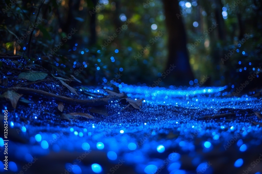 Poster mystical blue lights illuminate a forest pathway at night, creating an enchanting atmosphere in natu