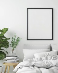 Minimalist bedroom interior with a blank frame mockup on a white wall
