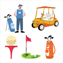 Golfing collection with golfer, cart, flag, tee, balls, clubs and bags © Pix