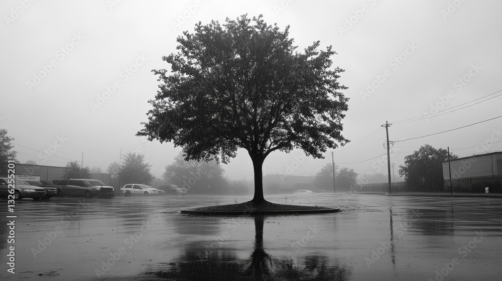 Poster torrential rain pours down, enveloping the parking lot in gloom while a solitary tree stands in star