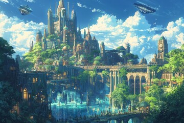 Fototapeta premium Fantasy cityscape with floating ships and vibrant architecture bathed in sunlight