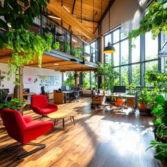 Naklejka premium Bright and Spacious Modern Office Interior with Abundant Plants