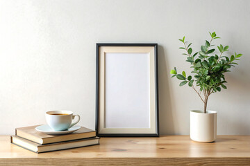 Wood picture Frame Mockup. Vertical Wood Frame on a indoor room, Blank photo frame standing inside room empty Wall Frame Mockup
