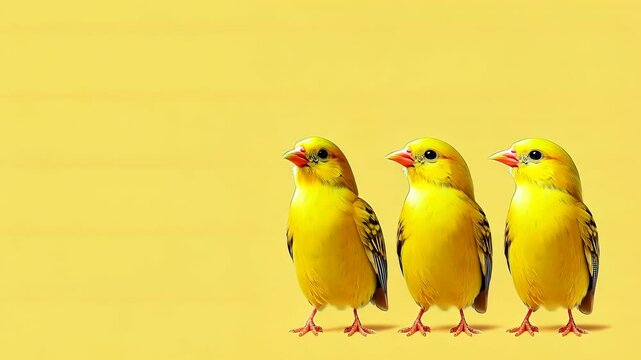 Three bright yellow canaries standing in a row against a matching yellow background, creating a vivid and cheerful scene.