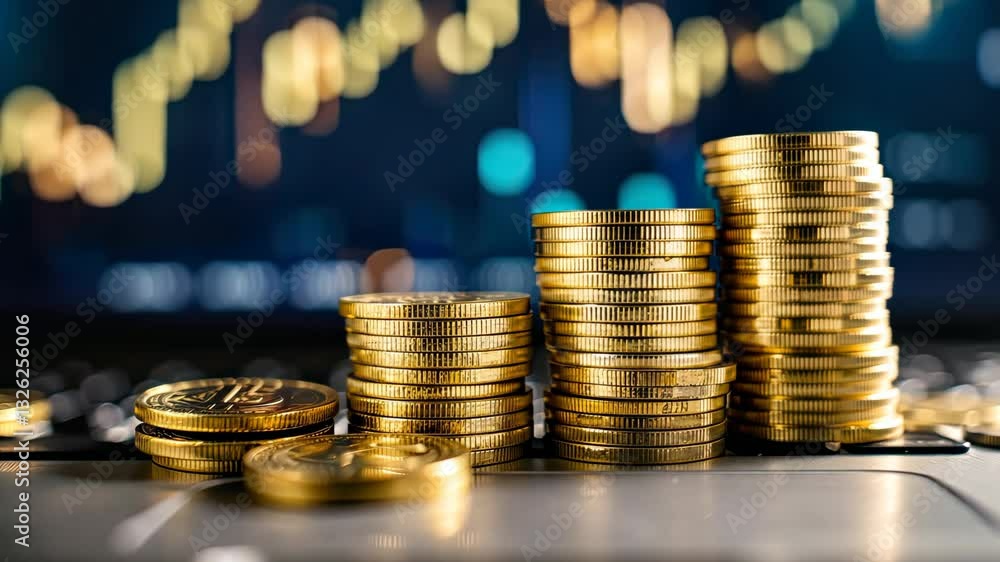 Poster stacks of shiny gold coins are arranged on a surface while digital financial charts highlight trends
