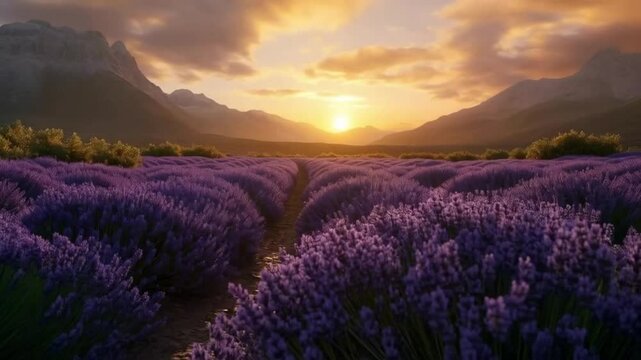 Lavender field in full bloom during sunset with mountains in the background
