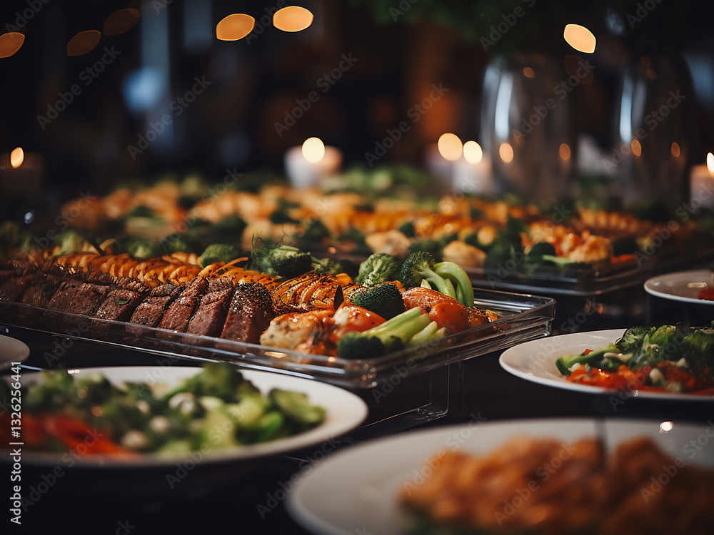 Poster banquet line with plates quickly assembling and temperatures managed while handling volume