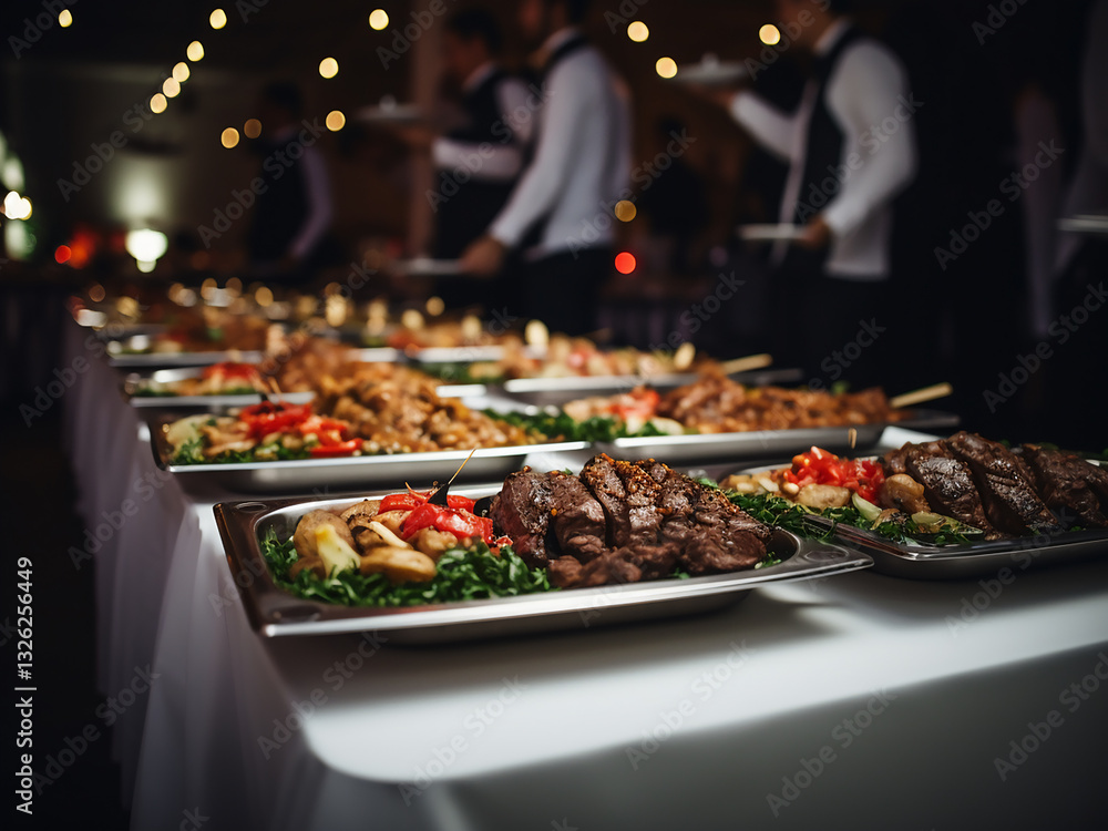 Poster banquet line with plates organized and assembling quickly while maintaining proper temperatures