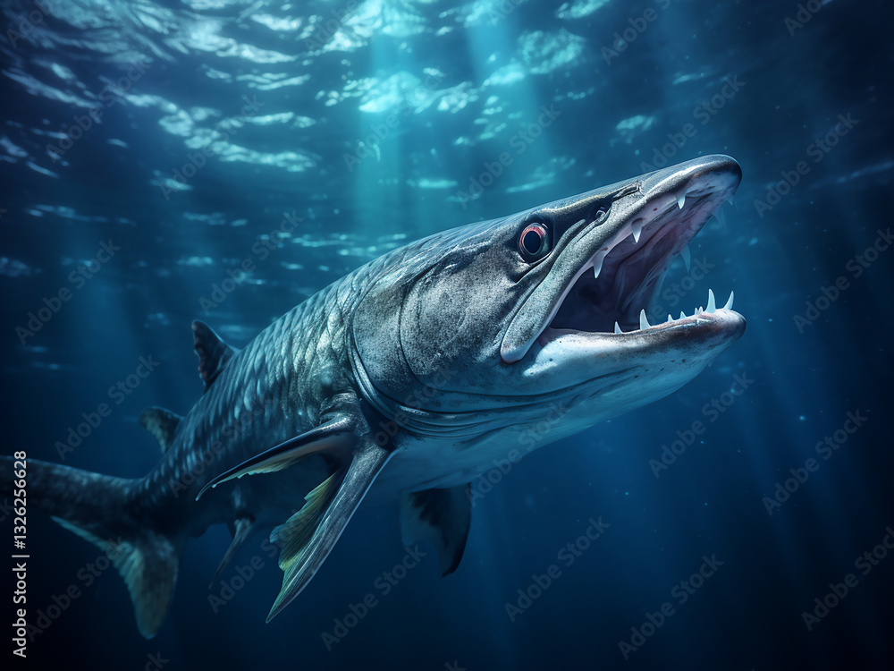 Poster barracuda hunting with bright silver scales flashing while the school moves swiftly with power