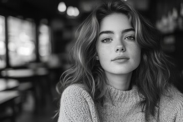Obraz premium Calm and Thoughtful: Woman Relaxing in a Café, Monochrome Style / portrait of a young woman