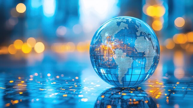 Glowing Glass Globe Displaying World Map Against Urban Background