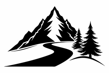 Fototapeta premium mountain with road and pine tree line art silhouette vector illustration