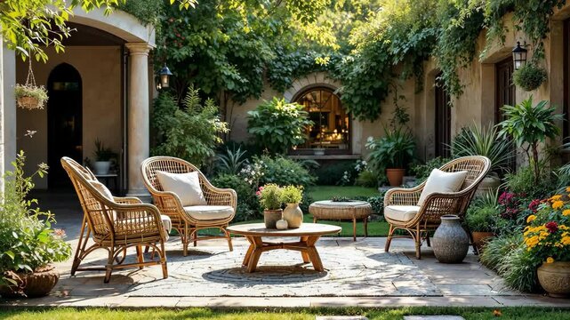 Tranquil Garden Oasis: A charming outdoor seating area surrounded by lush greenery and architectural details. This inviting scene offers a perfect blend of nature and comfort.