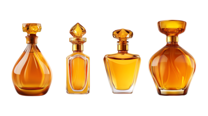 Pack Amber Perfume Bottle Set in Different Poses Against Transparent Background for Luxury Fragrance, Cosmetic Branding, or Beauty Promotion